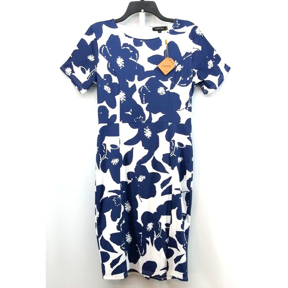 Fortric Dress Womens Size M Blue White Floral Pattern Short Sleeve Zip Back Midi - Picture 1 of 8
